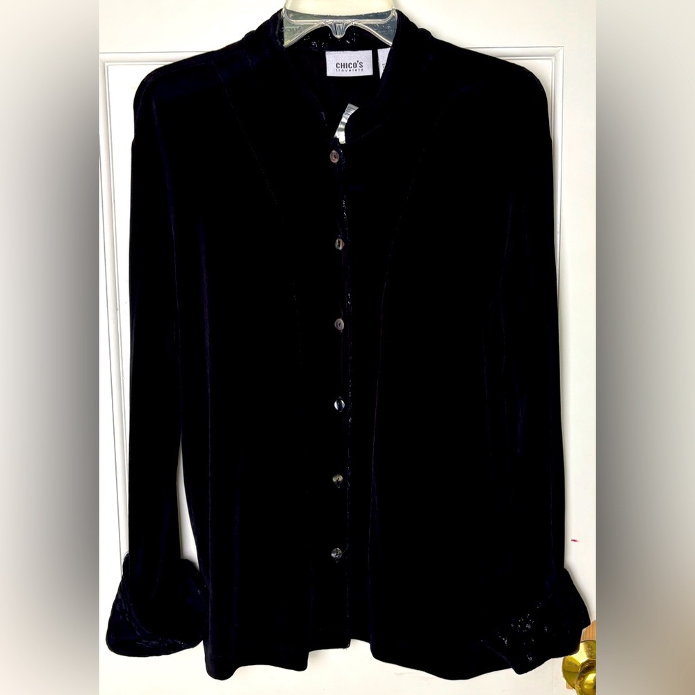 Chicos Travelers Sz 2 (12, L) Black Slinky Top Cuffed Sparkly Sleeves Party $88